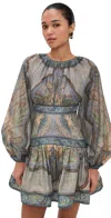 Zimmermann Wanderlust Multicolor Crewneck Mini Dress With Puffed Long Sleeves And All-over Print In Cotton And  In Gray