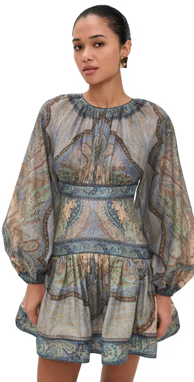 Zimmermann Wanderlust Multicolor Crewneck Mini Dress With Puffed Long Sleeves And All-over Print In Cotton And 