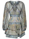 Zimmermann Wanderlust Multicolor Crewneck Mini Dress With Puffed Long Sleeves And All-over Print In Cotton And  In Multi