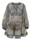 Zimmermann 'wanderlust' Multicolor Crewneck Mini Dress With Puffed Long Sleeves And All-over Print In Cotton An In Multi