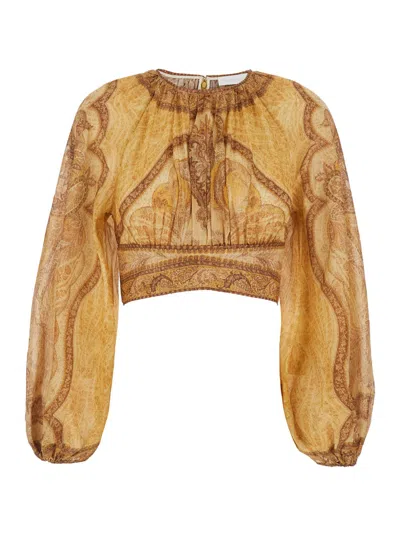 Zimmermann Wanderlust Multicolor Cropped Top With Puffed Long Sleeves And All-over Paisley Motif In Cotton Blen In Yellow