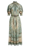 Zimmermann Wanderlust Paisley Billow Sleeve Belted Silk Maxi Dress In Multi