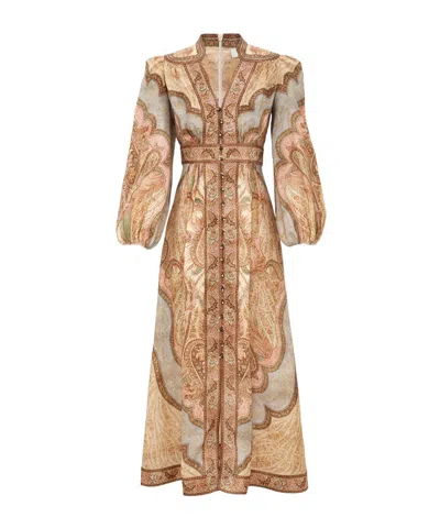 Zimmermann Wanderlust Multicolor Long Dress With V Neck And All-over Paisley Motif In Linen Woman