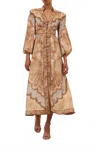 Zimmermann Wanderlust Midi Dress With Deep V-neck And Flared Skirt In Brown