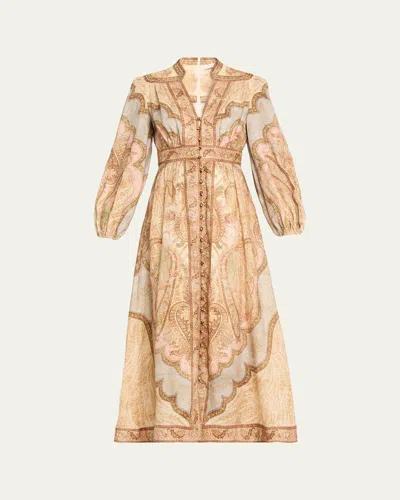 Zimmermann Wanderlust Multicolor Long Dress With V Neck And All-over Paisley Motif In Linen Woman