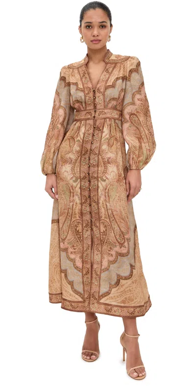 Zimmermann Wanderlust Multicolor Long Dress With V Neck And All-over Paisley Motif In Linen Woman