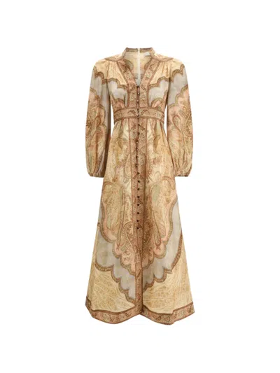 Zimmermann Wanderlust Plunge Paisley Midi Dress In Brown