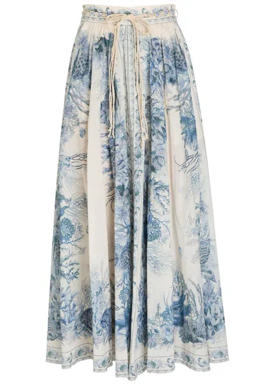 Zimmermann Wanderlust Printed Cotton Maxi Skirt In Blue