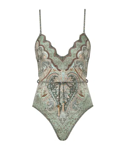 Zimmermann Wanderlust Belted Embellished Scalloped Printed Swimsuit In Green