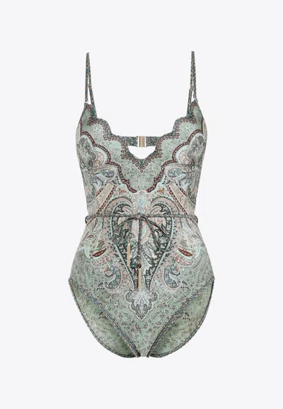 Zimmermann Wanderlust Belted Embellished Scalloped Printed Swimsuit In Green