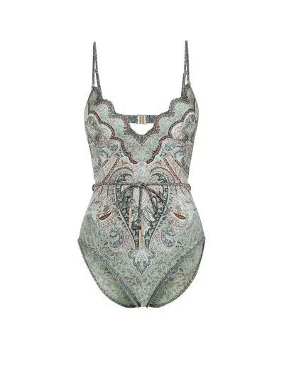 Zimmermann Wanderlust Belted Embellished Scalloped Printed Swimsuit In Green