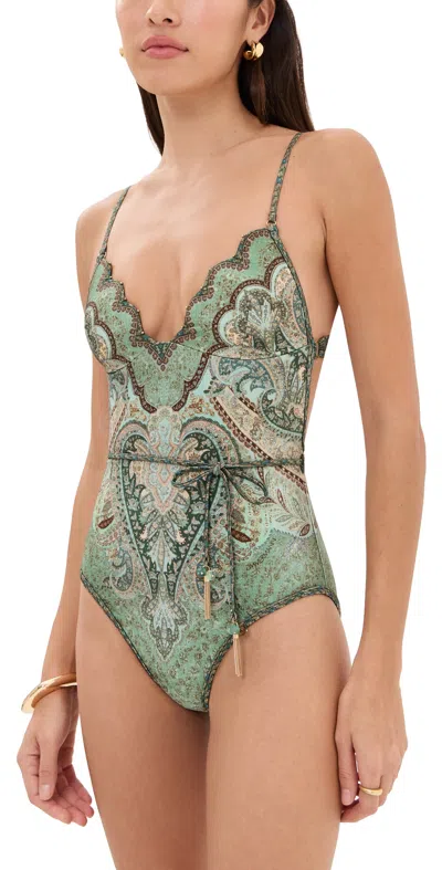 Zimmermann Wanderlust Belted Embellished Scalloped Printed Swimsuit In Green