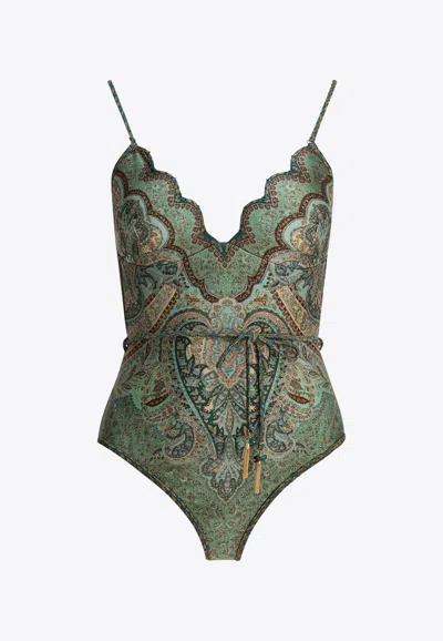Zimmermann Wanderlust Belted Embellished Scalloped Printed Swimsuit In Green
