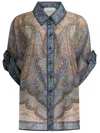 Zimmermann Silk Short Sleeve Shirt With Asymmetrical Hem And Rolled Sleeves In Blue