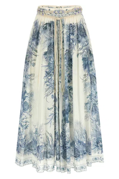 Zimmermann Wanderlust Belted Pleated Printed Cotton Maxi Skirt In Blue