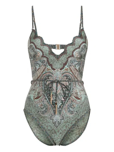 Zimmermann Wanderlust Belted Embellished Scalloped Printed Swimsuit In Green