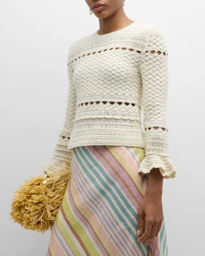 Zimmermann Waverly Crochet Crewneck Top In Cream