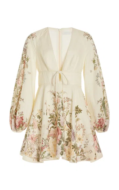 Zimmermann Waverly Plunged Linen Mini Dress In Cream Floral