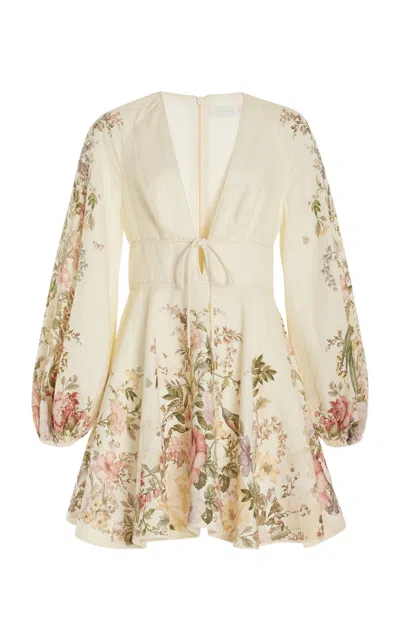 Zimmermann Waverly Plunged Linen Mini Dress In Multi Floral