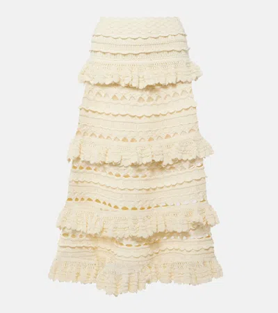 Zimmermann Waverly Ruffled Crochet Midi Skirt In White