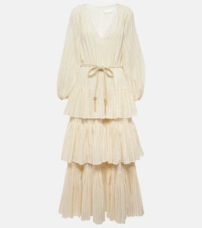 Zimmermann Waverly Tiered Striped Cotton-blend Midi Dress In Ivory/gold