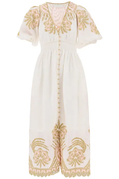Zimmermann "waverly Embroidered Linen Dress" In White