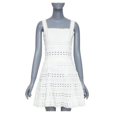 Pre-owned Zimmermann White 100% Linen Embroidered Anglais Cotton Sundress Sz.2 M