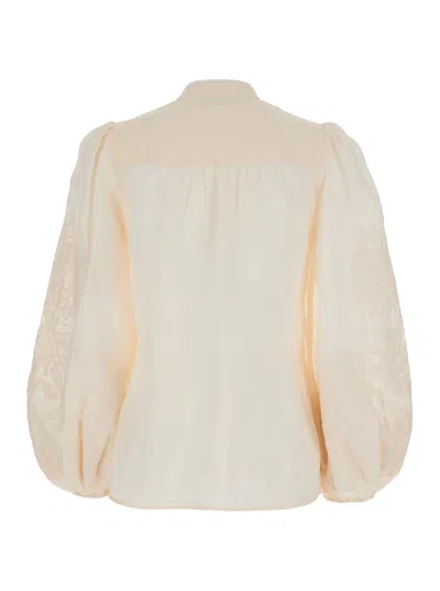 ZIMMERMANN WHITE BLOUSE WITH EMBROIDERY AND PUFFED SLEEVES IN LINEN WOMAN