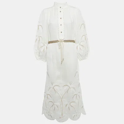Pre-owned Zimmermann White Embroidered Detail Linen Lyre Midi Dress L