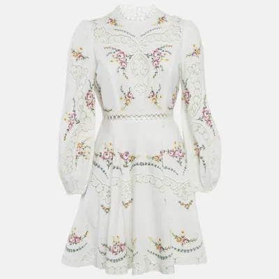 Pre-owned Zimmermann White Embroidered Lace Trim Linen & Cotton Allia Mini Dress M