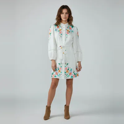 Pre-owned Zimmermann White Embroidered Linen Belted Mini Dress L
