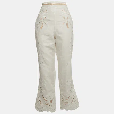 Pre-owned Zimmermann White Embroidered Linen Wide Legs Pants M
