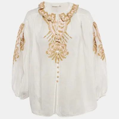 Pre-owned Zimmermann White Embroidered Ramie Blouse M