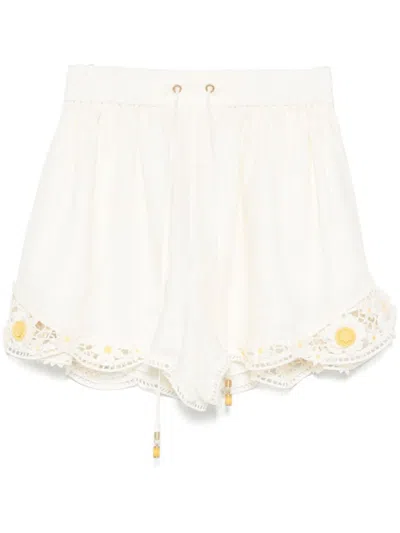 Zimmermann Everley Floral Lace Trim Linen Shorts In Ivory