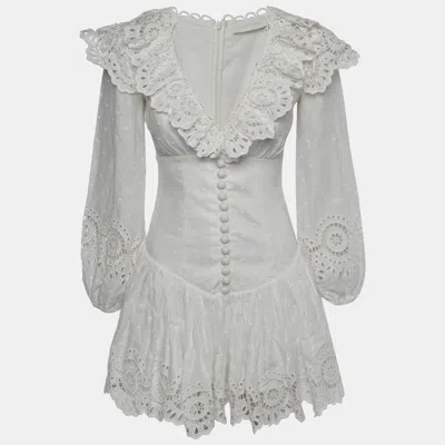 Pre-owned Zimmermann White Fil Coupe Linen Lace Trim Short Dress S