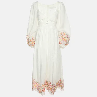 Pre-owned Zimmermann White Floral Embroidered Linen Maxi Dress M