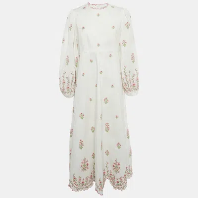 Pre-owned Zimmermann White Floral Embroidered Linen Midi Dress L