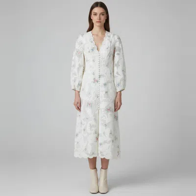 Pre-owned Zimmermann White Floral Embroidered Ramie Blend Maxi Dress M