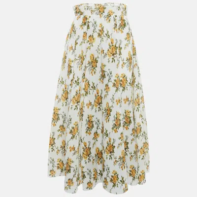 Pre-owned Zimmermann White Floral Plissé Midi Skirt L