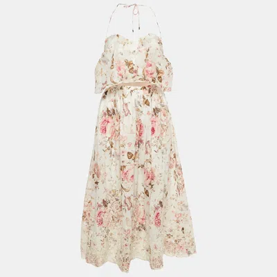 Pre-owned Zimmermann White Floral Print Cotton Cut Out Midi Dress M