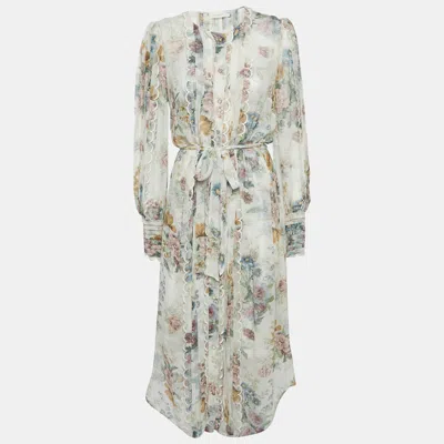 Pre-owned Zimmermann White Floral Print Crepe Scallop Detail Long Dress S