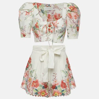 Pre-owned Zimmermann White Floral Print Linen Bellitude Blouse And Shorts Set S/m