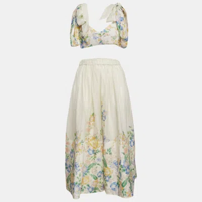 Pre-owned Zimmermann White Floral Print Linen Blend Top And Skirt Set M