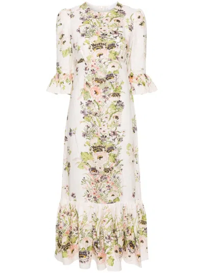 Zimmermann White Floral-print Linen Dress In Neutrals
