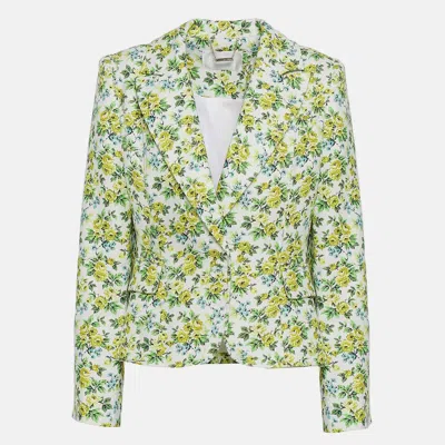 Pre-owned Zimmermann White Floral Print Linen Fitted Blazer Xs (size 0) In Green