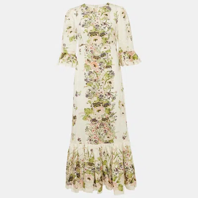 Pre-owned Zimmermann White Floral Print Linen Halliday Frill Sleeve Dress M