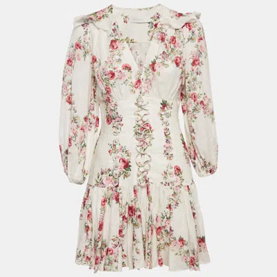 Pre-owned Zimmermann White Floral Print Linen Honour Corset Mini Dress M