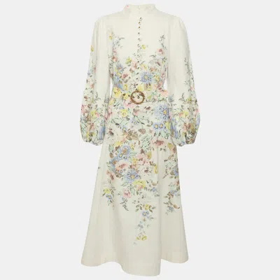 Pre-owned Zimmermann White Floral Print Linen Matchmaker Dress L