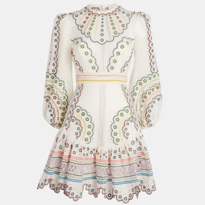 Pre-owned Zimmermann White Linen And Cotton Embroidered Mini Dress Xs