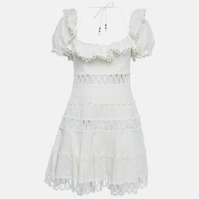 Pre-owned Zimmermann White Linen Blend Paneled Melody Off Shoulder Mini Dress M